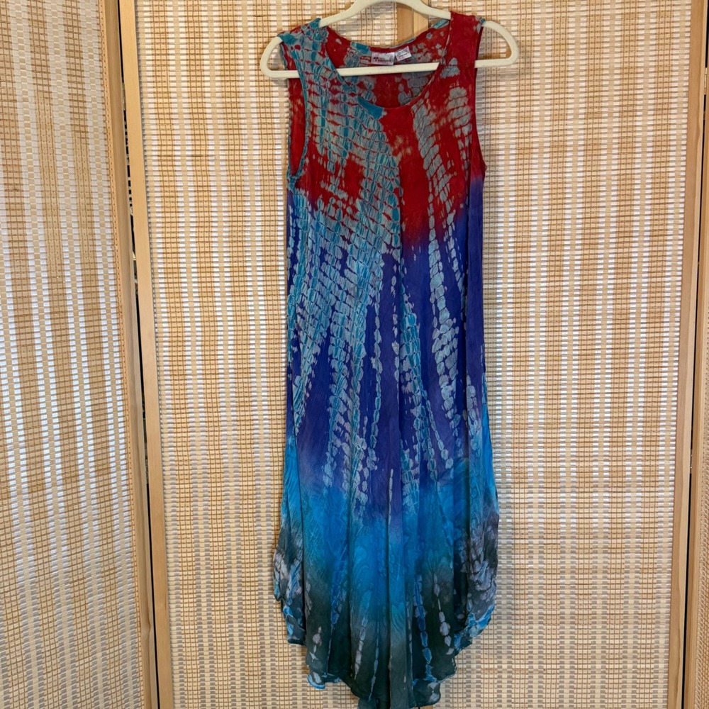 India Boutique Tie Dye Sharkbite Maxi Dress Red Blue Teal Boho Free Size Fairy